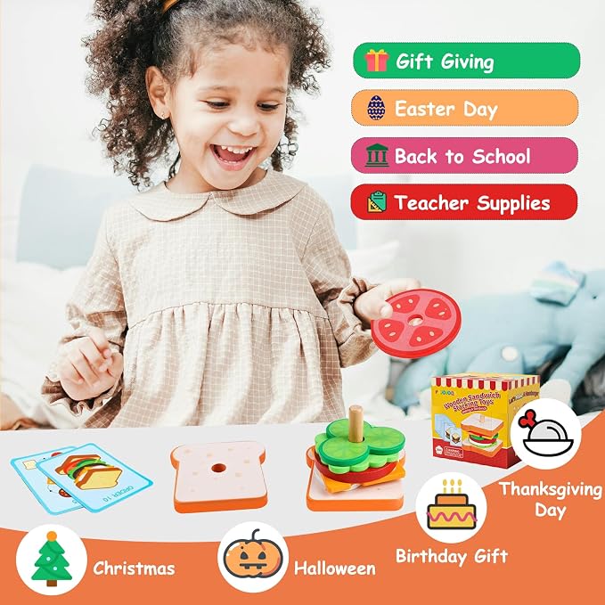 Pajojoqa Wooden Sandwich Stacking Toys, Montessori Toys for Toddlers Kitchen Play Food Educational Preschool Learning Toys Christmas Birthday Gift Kids Toys for Boys Girls 3 4 5 Years Old (Sandwich)