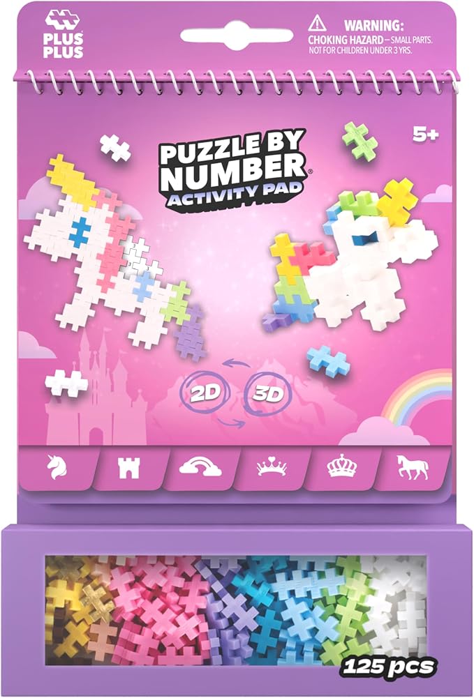 Plus Plus Puzzle By Number Activity Pad, Fairytale - Mini Building Blocks | Roadtrip Essentials for Kids, Interlocking Waffle Blocks, Stem Toy, Airplane Activities for Kids, Kid Car Ride Must Haves