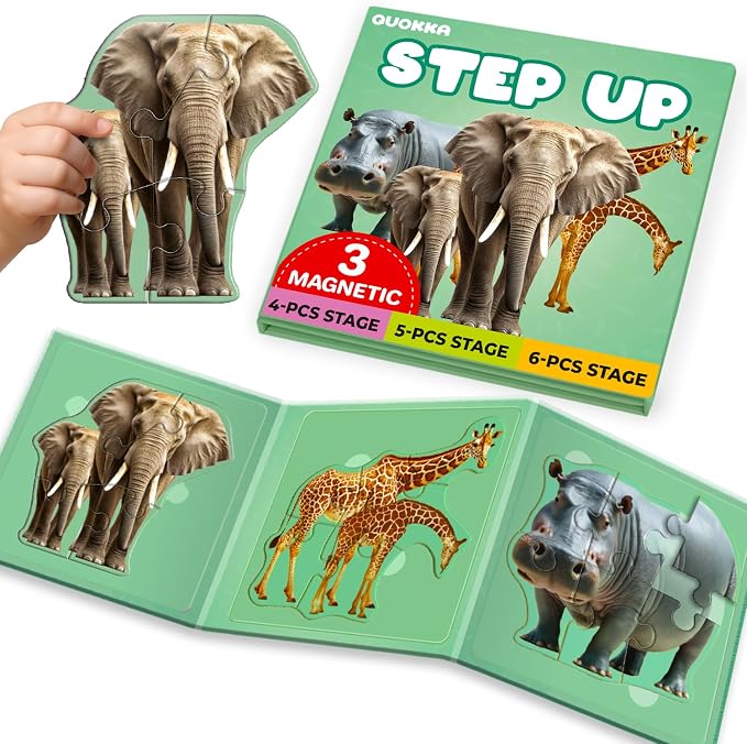 QUOKKA Step Up Magnetic Puzzles for Toddlers 1-3, Safari Animals Puzzle Set in One Book, Travel Games for Kids 3-5, Screen Free Toy for Toddlers and Preschoolers