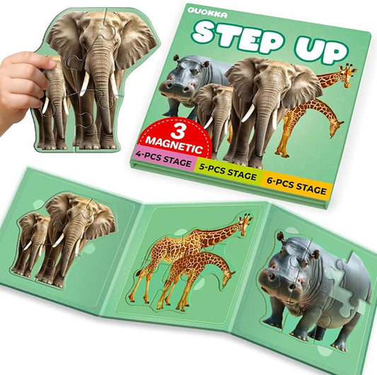 QUOKKA Step Up Magnetic Puzzles for Toddlers 1-3, Safari Animals Puzzle Set in One Book, Travel Games for Kids 3-5, Screen Free Toy for Toddlers and Preschoolers