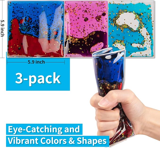 Art3d Square Sensory Fidget Multicolor Liquid Motion Tiles, 6" x 6", 3-Pack | Lightweight, Boost Focus, Relieve Anxiety, Varied Colors & Shapes, Suitable for Kids, Toddlers