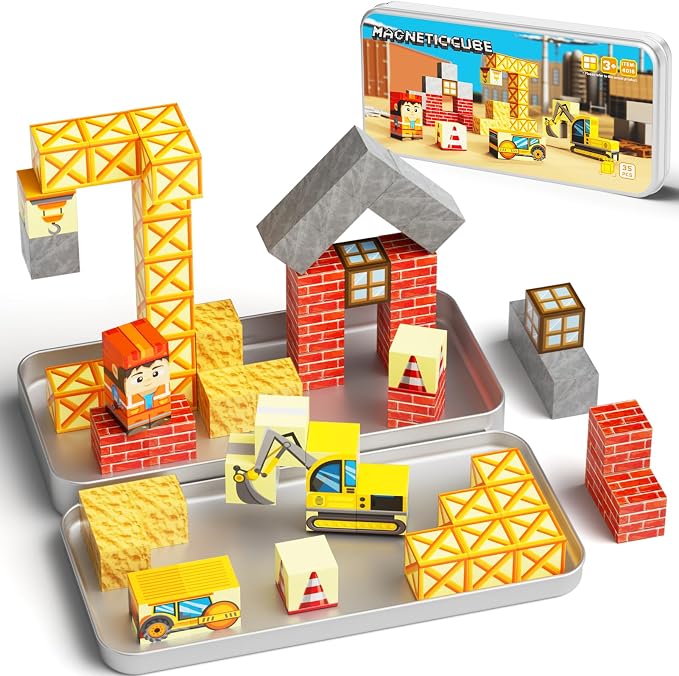 WMDXU Magnetic Cubes Boys Travel: Engineering Building Set with Storage Box | 35PCS Engineering-Themed Magnet Cubes, Hands-On Construction Fun for Boys, Road Trip Sensory Toy for Ages 3-8