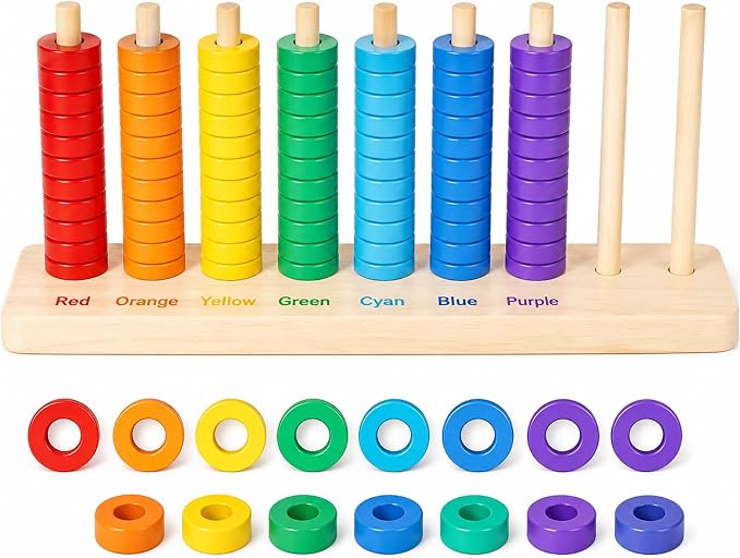 Montessori Wooden Color Sorting Stacking Toys, Montessori Toys Rainbow Rings Game with 70 Pieces, Fine Motor Skills Learning Toy, Educational Preschool Gift for Boys Girls Age 3 4 5+