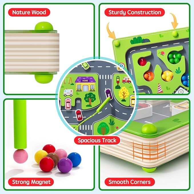rifamee 2 in 1 Magnetic Color and Number Maze Magnet Alphabet Counting Double Sided Board Wood Puzzle Fine Motor Skills Montessori Preschool Toys Gifts for Boys and Girls 3-5 Age (Big Car, One Size)