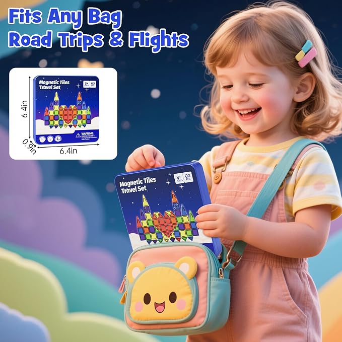 Mini Magnetic Tiles Travel Kit: 60Pcs Airplane Activities & Road Trip Toys | Visual Storage Box & Metal Play Base - Portable STEM Sensory Building Blocks for Toddlers & Kids Ages 3-8