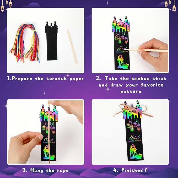 JUNEBRUSHS 30Pcs Ramadan Crafts, Rainbow Magic Ramadan Scratch Bookmarks for amadan Gifts Eid School Classroom Activities Ramadan Arts and Crafts Eid Party Favors