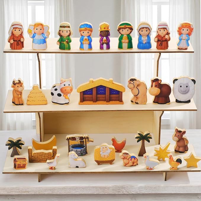 Kathfly 36 Pcs Wooden Community Helpers Nativity Scene, Career Figures Toy | Multicultural Career Blocks for Social Emotional Learning, Creative Play Figures, Preschool Classroom Teaching Wooden Set