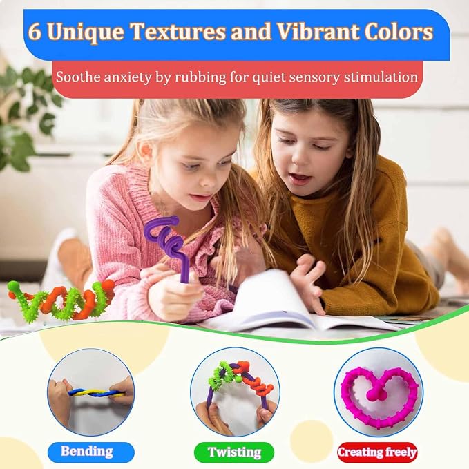 Tendry Fidget Sensory Sticks Toys for Kids Adults, 6PCS Silicone Textured Sensory Anxiety Relief Fidgets for Classroom Prize with Autism ADHD, Calm Down Corner Supplies（3 Yeas+）