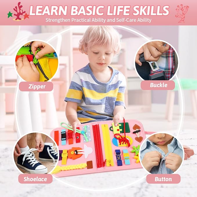 8 in 1 Pink Montessori Toys Busy Board - Sensory Activity Book for Kids | Interactive Preschool Busy Book For Fun Basic Motor Skills Educational Toys,Airplane Travel Essentials, Girls Birthday Gift