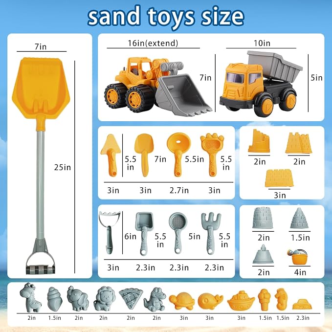 Long Shovel Sand Beach Toys with Big Excavator Toy, Dump Truck Toy, Construction Toys, Sand Castle Toys for Beach, Beach Rakes, Molds, Mesh Beach Bag for Kids, Toddlers, Boys & Girls (31 PCS)