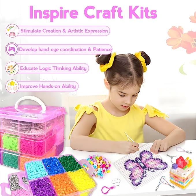 11000 Fuse Beads Craft Kit with Storage Box,20 Colors 5mm Beads, Pegboards, Ironing Papers and Accessories. Arts and Crafts Set Toys Gifts for Boys & Girls Christmas Birthday.DIY Craft Gift for Kids