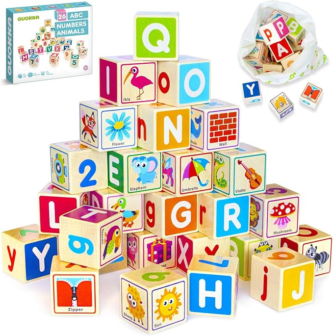 Quokka Wooden Blocks for Toddlers 1-3 - 26 Counting ABC Learning Baby Blocks for Kids 3-5 Year Olds Stacking Alphabet Wood Toys for 2-4 Ages - Developmental Toys with Letters Numbers from 12-18 Month