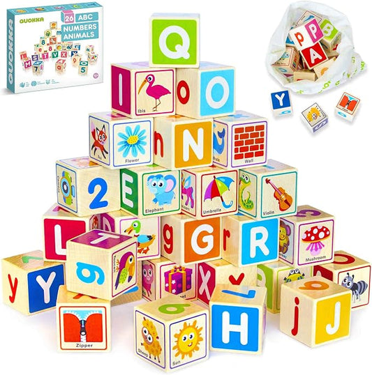 Quokka Wooden Blocks for Toddlers 1-3 - 26 Counting ABC Learning Baby Blocks for Kids 3-5 Year Olds Stacking Alphabet Wood Toys for 2-4 Ages - Developmental Toys with Letters Numbers from 12-18 Month