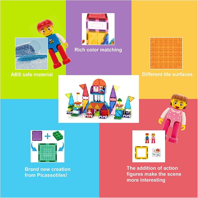 PicassoTiles 333pcs Magnetic Brick Tile and Magnetic Tile Combo Set, Action Figures included, Building Blocks STEM Toys, Educational Montessori Preschool Toddler classroom learning toys, Kids activity