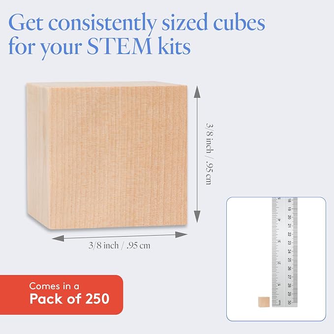 DIY Wooden Cubes 3/8-inch, Pack of 250 Small Blank Wooden Blocks, Unfinished Wood Blocks for Crafts, STEM, Dice, and Building Blocks for Stacking, by Woodpeckers