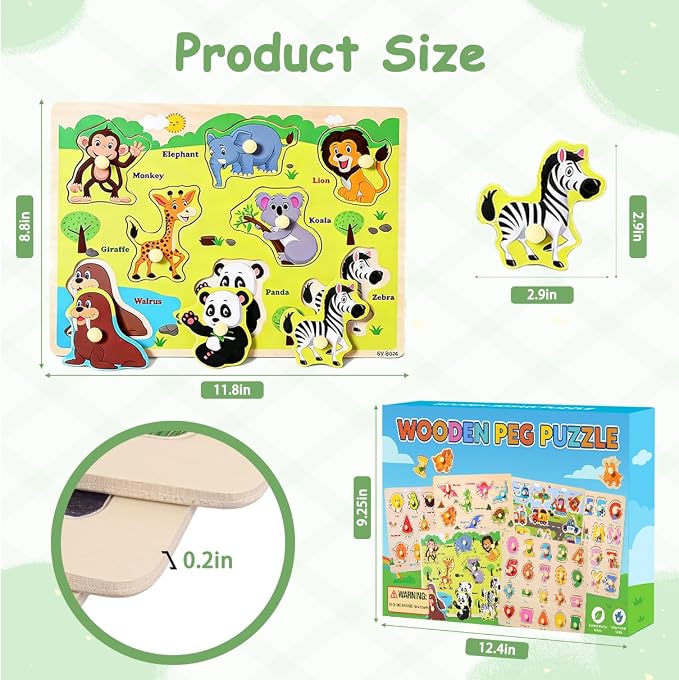 6-Pack Wooden Peg Puzzles for Toddlers and Preschoolers Ages 2-4 | Montessori-Inspired Learning Toys, Alphabet, Numbers & Math, Animals, Dinosaurs, Fruits and Vehicles