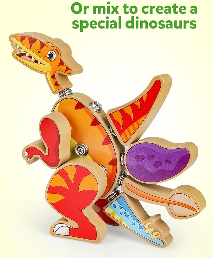 Coogam Dinosaur Snap Together Building Toys, Wooden Take Apart Dinosaur Playset, STEM Montessori Educational Fine Motor Skill Toy Gift for 3 4 5 Years Old Kids | STEM Montessori Educational Fine Motor Skill Toy Gift for 3 4 5 Years Old Kids