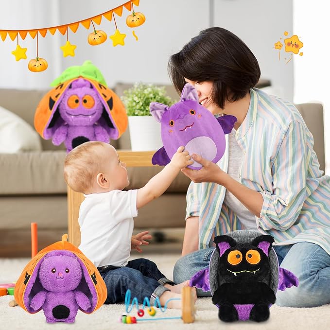 MIAODAM Halloween Purple Bat Plush, Reversible Bat Stuffed Animal Plushies | 11 Inch Cute Bat Zipper Plush, Perfect Halloween Decor & Holiday Gifts for Toddlers
