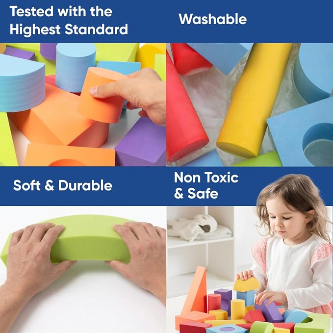 34 Large Foam Blocks for Toddlers - Stacking Soft Blocks for Kids Set | Giant EVA foam building blocks for kids - 34 soft colorful shapes to stack, with storage bag for daycare, preschool, or home