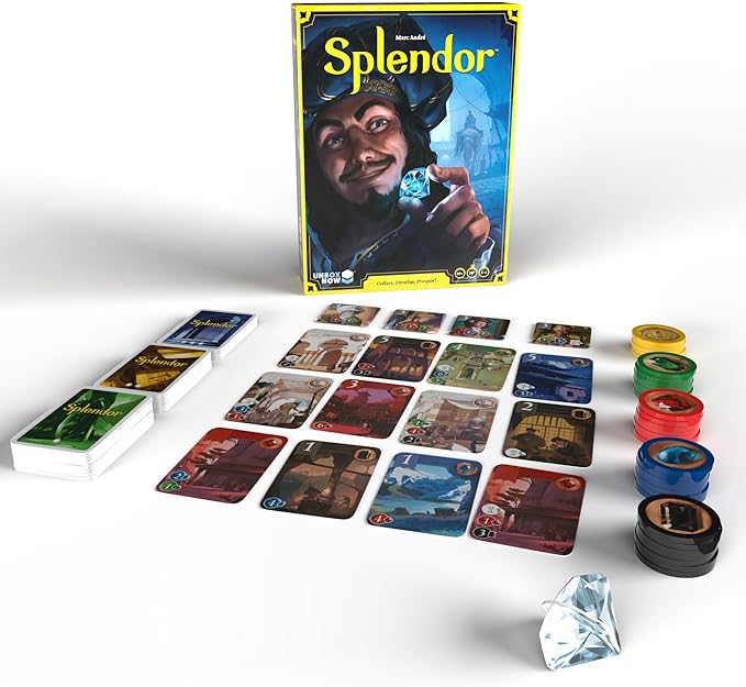 Asmodee Splendor Board Game - Gem Trading & Engine-Building Strategy for Adults & Families, Adult Board Games, Family Fun for Adults, 2-4 Players Ages 10+, 30 Minute Playtime | Build a gem empire, recruit noble patrons, and earn prestige through strate...