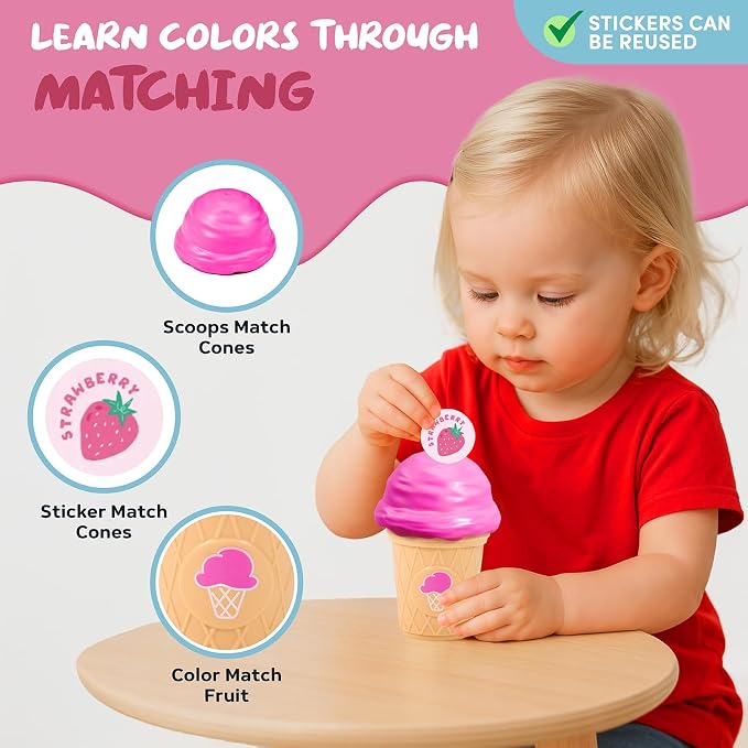 JoyCat Ice Cream Toy Set for Toddlers 1-5,Color Sorting & Stacking Toys | Match colors, stack scoops and serve pretend ice cream; included 7 cones and scoops support counting and little-hand play