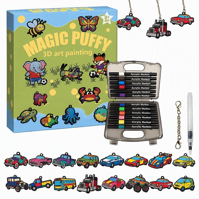 MWOMGLP Magic Foam Texture Painting Kit, 16 Pack DIY Puffy Foam Art Craft Set for Kids, 3D Sensory Painting Paper with Colorful Foam Sheets, Creative Gift for Boys Girls Ages 3+(Color Car)