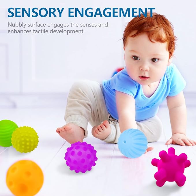 Baby Sensory Balls, 6 Textured Soft Balls for Babies 6-12 Months | 6 Multi-Texture Massage Soft Balls, Bright Colors for Touch, Squeeze and Roll Play, Birthday Gift for Infant 1 Year Old