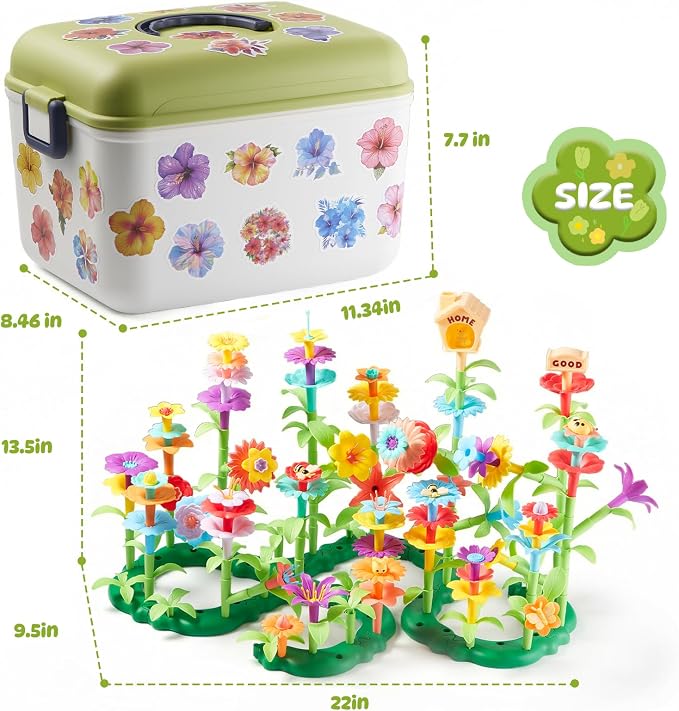 194 Pcs Flower Garden Building Toys, STEM Educational Block Set for Toddlers Ages 3-5, Non-Toxic Stacking Playset with Big Storage Box, Birthday for Preschool Kids