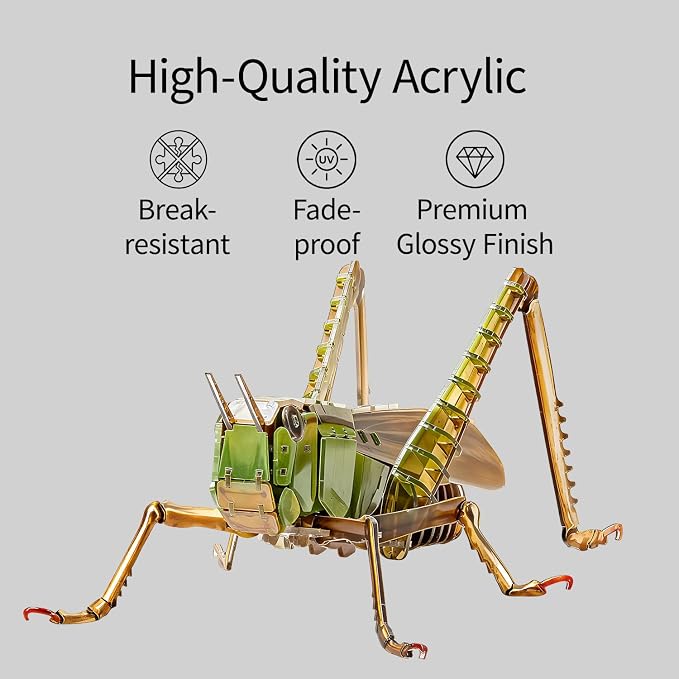 3D Acrylic Insect Puzzle DIY Bug Model Kit Animal STEM Gift | Building Kits Crafts Figurine Sculpture Nature Decoration Educational Display Toys for Kids Teens and Adults (Grasshopper)