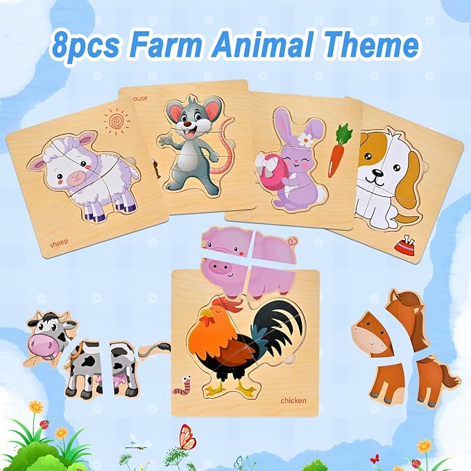 8pcs Wooden Puzzles for Toddlers 1-2-3-4, Farm Puzzles Ages 1-2-3-4 | Toddler Montessori Educational Jigsaw Toys, Preschool Puzzle Christmas Birthday Gift for Kids Girl Boy 1-4 Year Old