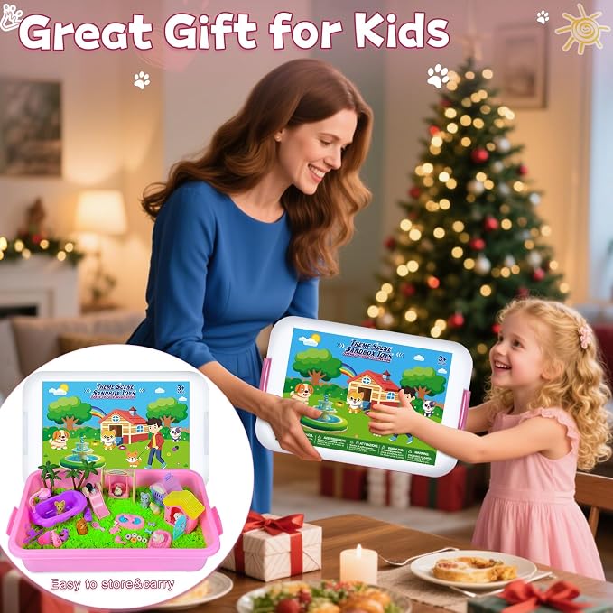Pet Sensory Bin, Cat & Dog Sensory Play Sand Art Kit Set for Toddlers Kids | Sensory Bin with Sandbox & Tools & Pet Care Set, Indoor Outdoor Pretend Play Beach Toy Gift for Girls Boys 3 4 5 6 7 8