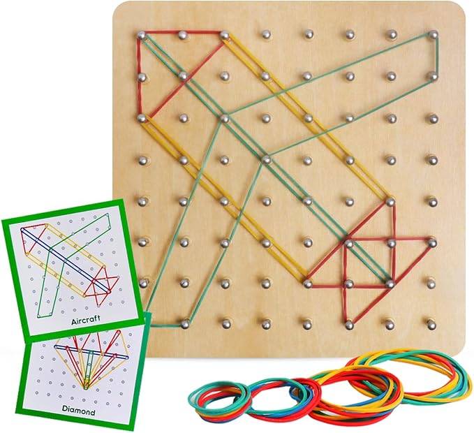 Wooden Geoboard, Montessori STEM Toy with Pattern Blocks for Kids Ages 3+ | Rubber Bands & Pattern Cards, Fine Motor Math Learning Geo Board, Classroom Home STEM Activity, Brain Teaser Educational Gift