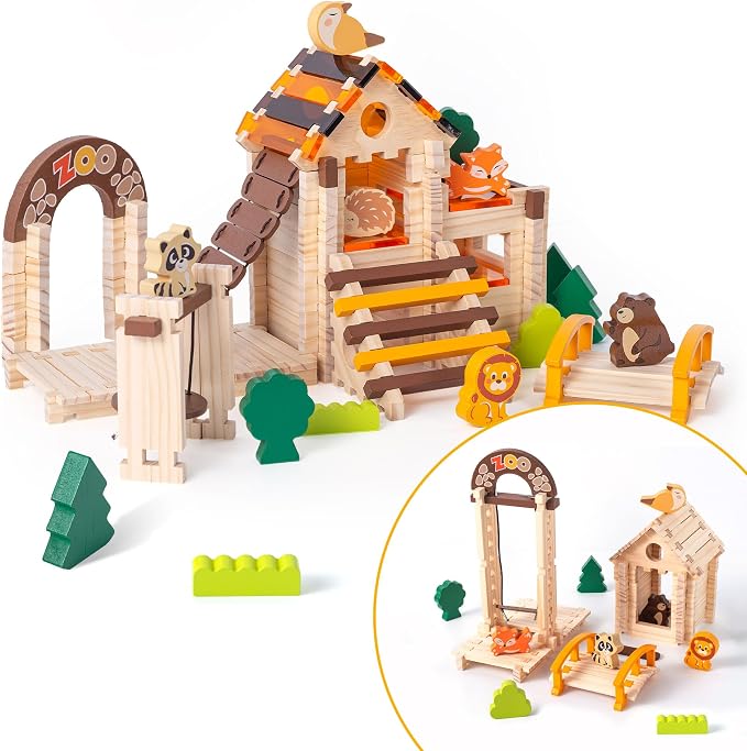 Wooden Building Blocks Set 168 Pieces Joinery Toys for Kids 3 Montessori STEM Educational Toy with Mortise and Tenon Structure Fine Motor Skills Development Gift for Boys Girls