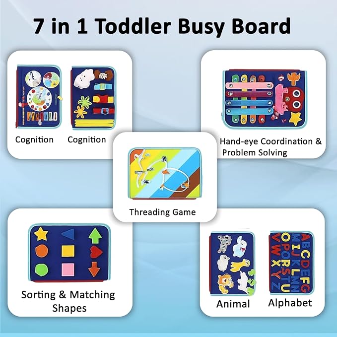 Montessori Busy Book for Toddlers, Educational Sensory Learning Toy for Boys & Girls, Interactive Preschool Activity Quiet Book, Travel Toy for Airplane & Car (Blue)