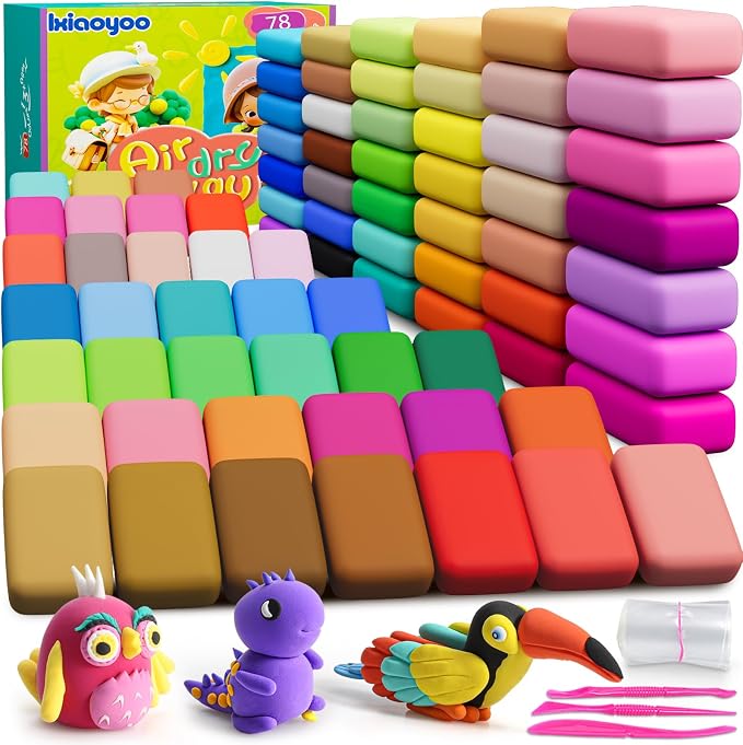 Ixiaoyoo Air Dry Clay, 78 Colors Foam Modeling Clay for School Projects | Safe & Non-Toxic, Soft, Non-Sticky, DIY Model Crafts Kids Toys for Home Party Favors, Birthday Gifts for Aged 3–12 Boys Girls