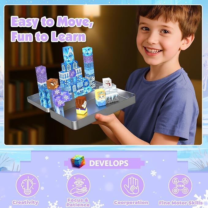 Magnetic Blocks - 45Pcs 0.8in Travel Toys Transparent Magnetic Building Block with Magnetic Tin Box for Kids, Light Up Magnet Block Blue Princess, Princess Toy for Girl 3+ Christmas Birthday Gift