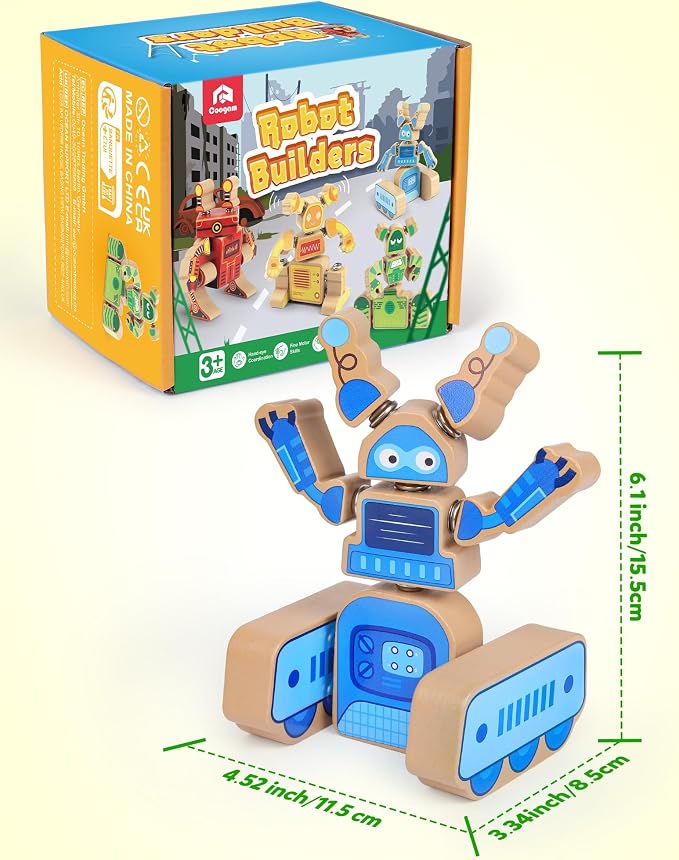 Coogam Fine Motor Building Robot Blocks for 3 4 5 Years Old Kids | Wooden Snap Together Builders, STEM Take Apart Robot Playset, Educational Learning Toy Gift for Boys Girls