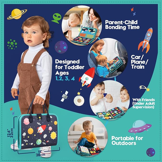 Toddler Sensory Busy Board: Travel Toy Activity Book for Girls Boys, Motor Skill Development Gift for Baby Aged 3-4 Years, Fine Educational Preschool Montessori Learning Toy for Car Airplane Space