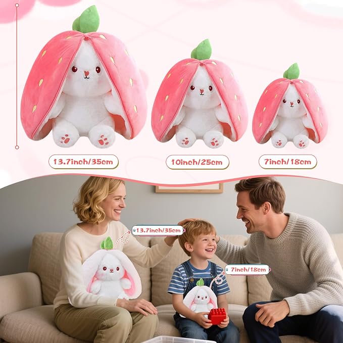 MIAODAM 13.7" Large Bunny Stuffed Animal,Squishy Cute Bunny Plush Toy | Reversible Transformable Strawberry Fruit Doll, Funny Christmas/Easter Plushies Gift for Kids & Girlfriend
