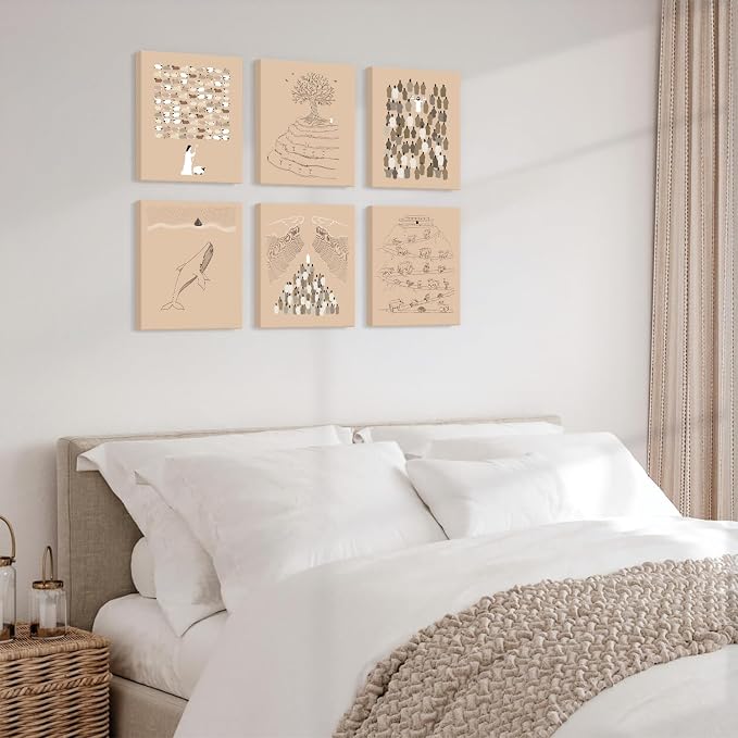 HOURIA Framed Christian Canvas Wall Art,6PCS 8X10inches Boho Biblical Scripture Wall Art,Bible Stories Sketches Artwork,Jesus Religious Wall Art for Home Office,Prayer Room,Bible Verse Gifts