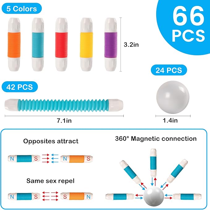 ROUSKY Magnetic Building Blocks Construction Set, 66 Pieces, Educational STEM Toy with Flexible Tubes and Connectors (66PCS)
