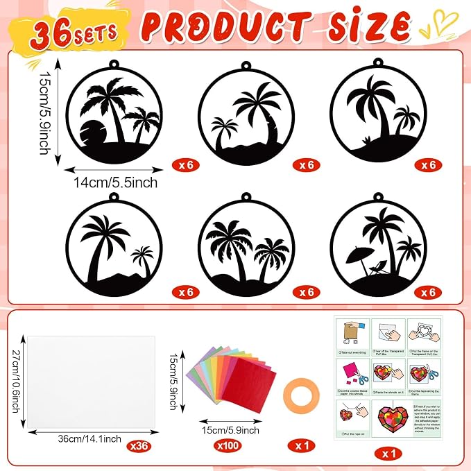 Qyeahkj 36 Sets Tropical Palm Tree Suncatchers Crafts for DIY Summer Tissue Paper Craft Kit Hawaiian Luau Palm Tree Stained Glass Window Ornaments Decoration for Home Art Project Party Favor Gift