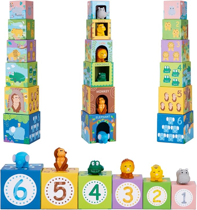 Sorting and Stacking Toys Blocks for Toddler Gifts 1-3, Soft Safari Animal | Bath Toys Age 2-4, Numbers Nesting Stackable Toys for Baby 12-18 Months, Montessori Toys Gifts for 1 2 3 Year Old Boys Girls