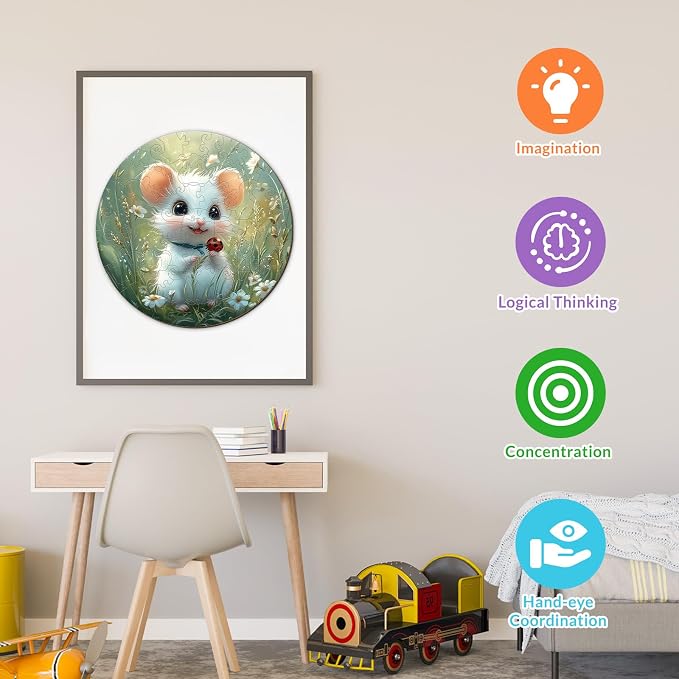 Animal Wooden Puzzles for Kids - Woodland Mouse | 50 Piece Puzzles for Kids Ages 4-6 - Kids Puzzle with Unique Piece Shapes - Round Puzzle for Boys and Girls (11.4 * 11.4 in)