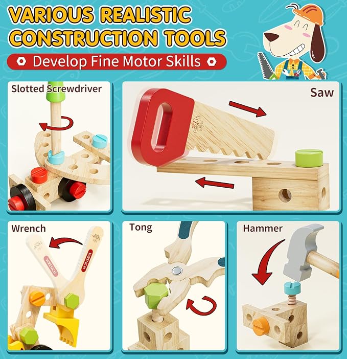 Lehoo Castle Kids Tool Set, Wooden Montessori Toys for 3 4 5 Years Old Boy | Portable Tool Box for Pretend Play, Construction Learning Play Tools 49PCS, STEM Toys for Preschooler