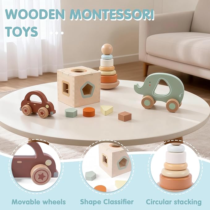 FReniland Wooden Baby Toy Set for 12M+, Montessori Grasping & Stacking Toys, Elephant & Car Sensory Toys, Natural Wood Fine Motor Skill Development Gift for Boys & Girls