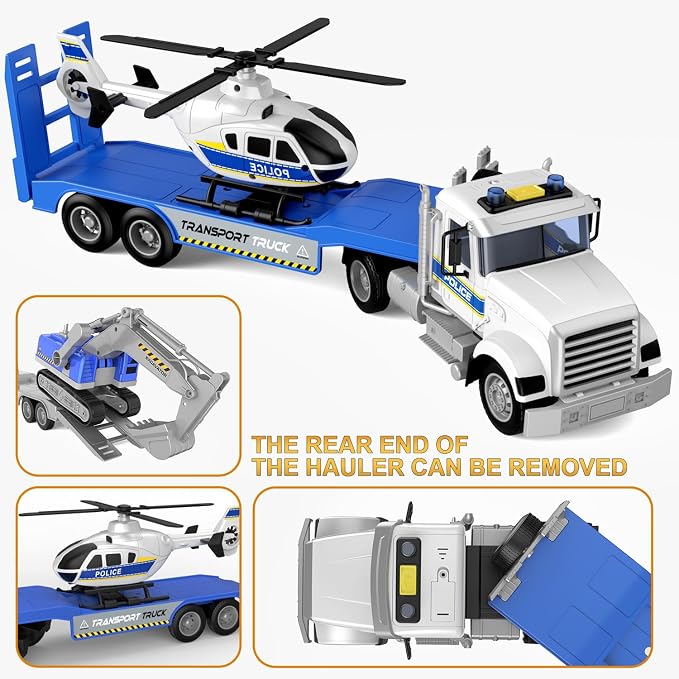 DOWELLIN Toddler Boy Toys for 3 4 5 6 Year Old, 22” Semi Truck Toy with Helicopter - Police Toys, Birthday Gifts for Kids Child 3+ Years Old