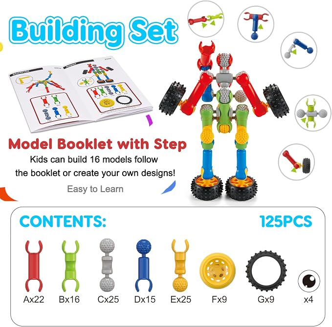 Qirptey Kids STEM Building Toys for 3 4 5 6 7 8+ Year Old Boy Birthday Gift | 125 Pcs Preschool Classroom STEM Activities, Portable Storage Box, Educational Engineering Creative Games, Gift for Ages 3+