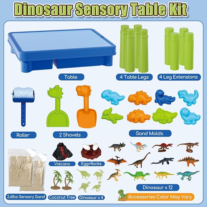 Lehoo Castle Sensory Table with Sand, Sand Table with Lid & 16 Dinosaurs | Sensory Bin with Adjustable Legs, 2.6Lbs Play Sand, Indoor Outdoor Play Sensory Toys, Beach Toy, Birthday Gift for Boys Girls