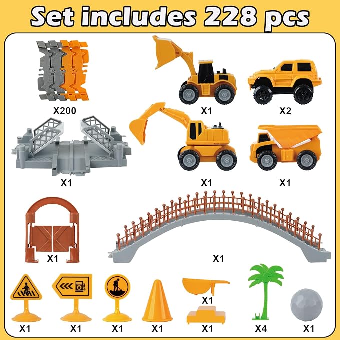 Construction Race Car Track Set for Kids - Flexible Engineering Toys with 2 Electric Cars, Birthday Gift for 3 4 5 6 7 Year Old Boys, DIY Road Games Playset with 220+ PCS